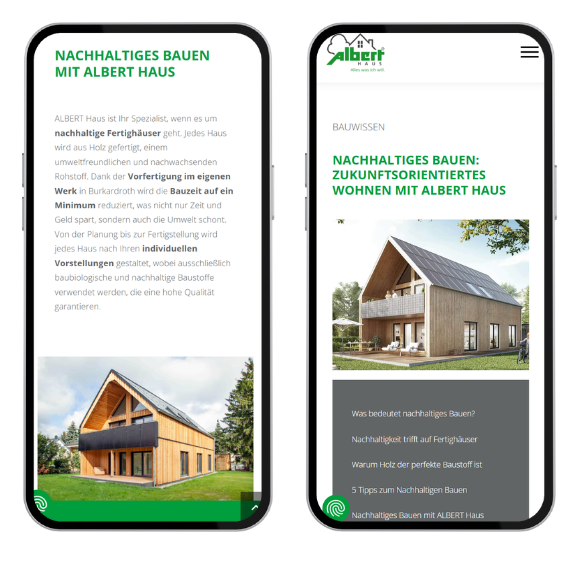 Mockup einer Ratgeberseite zum Thema "nachhaltiges Bauen mit ALBERT Haus" zur Veranschaulichung einer Landingpage im Bereich Ratgeber.