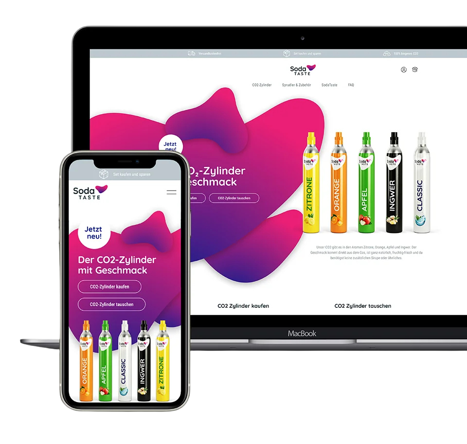 Shopify Shop unseres Kunden SodaTASTE auf mobile und Desktop.