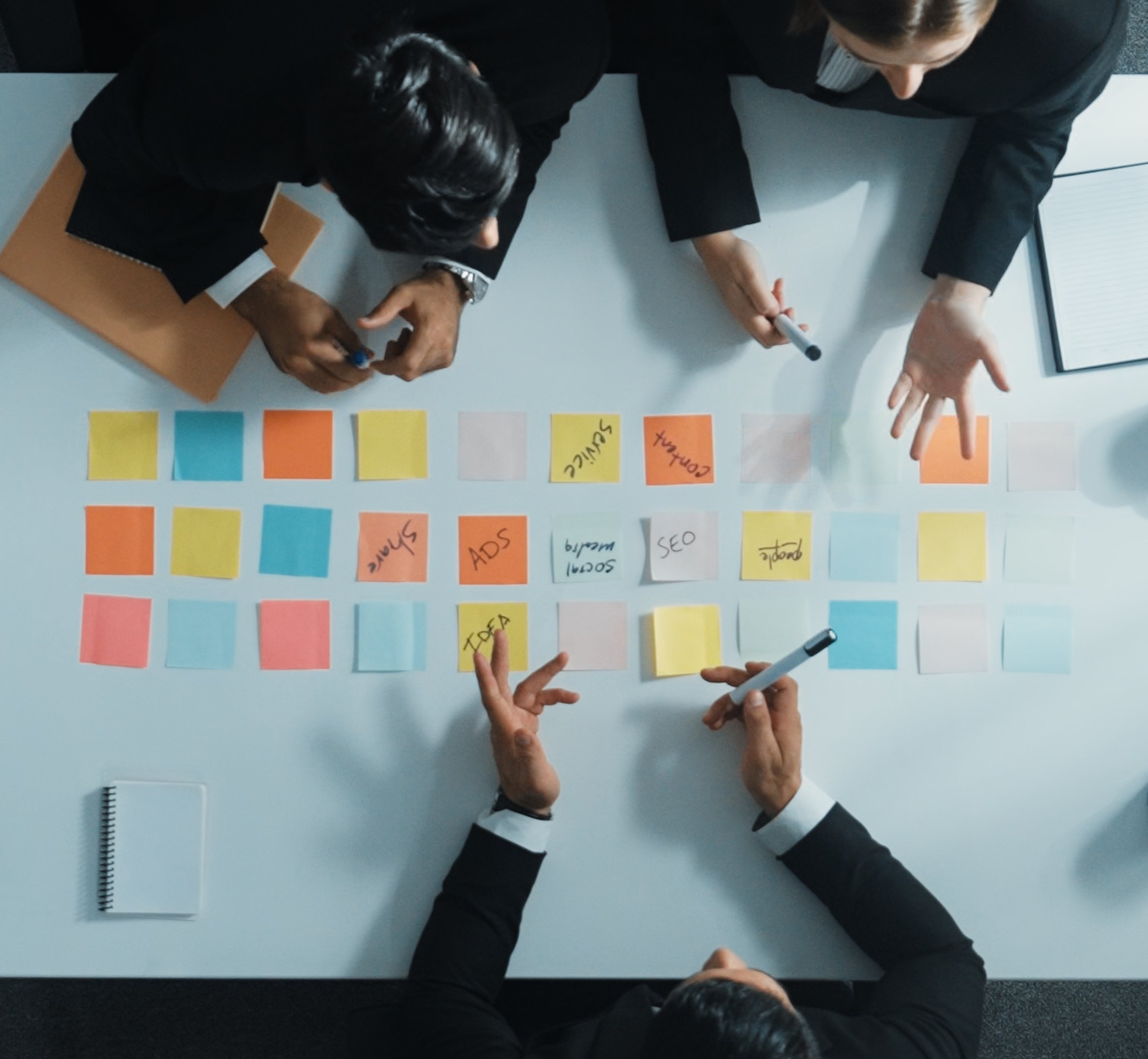 Ein Team von amadeus plant gemeinsam eine Kommunikationsstrategie mit farbigen Haftnotizen und strukturiert Themen wie SEO Social Media Service und Ads im Rahmen der Leistungsbereiche Konzeption Kampagne und Content