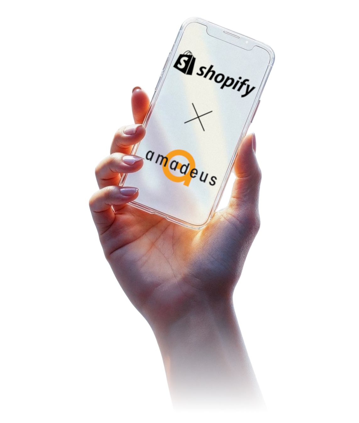 eine Hand hält ein durchsichtiges Mobile-Device auf welchem das Logo von Shopify als auch das von der Amadeus Agentur dargestellt sind
